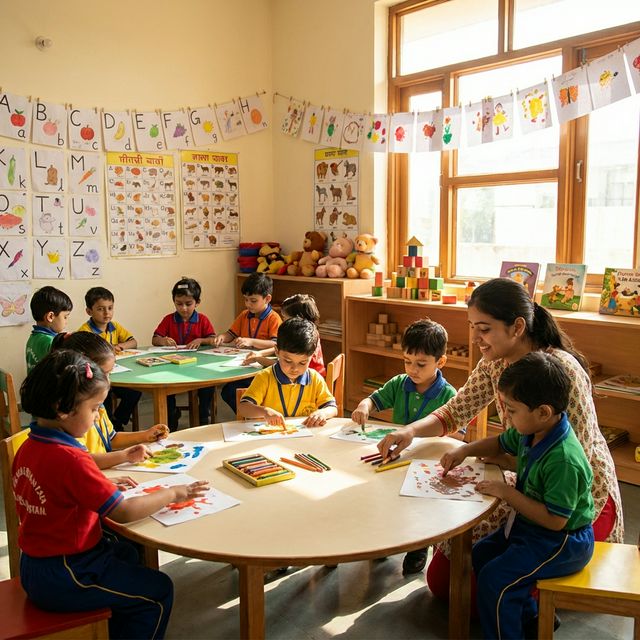 Children learning in a bright classroom
